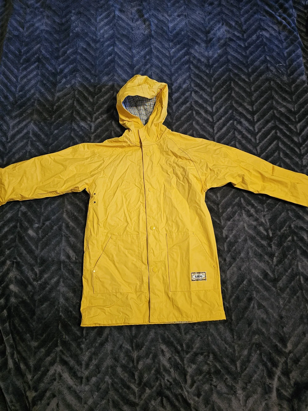 Totes Kids Yellow Hooded Raincoat Plaid Lined Rain Jacket Size M 6/7
